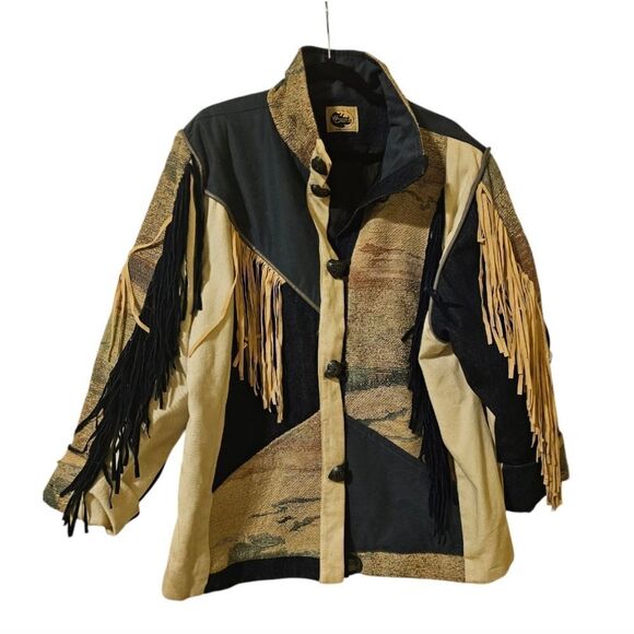 WESTERN COLLECTION Vintage Mixed Material Fringe Jean Jacket - Size XL - Picture 1 of 12